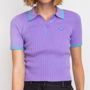 Lazy Oaf Tiny Heart Polo Knit | Size US 10 (UK 14) | Purple/Blue